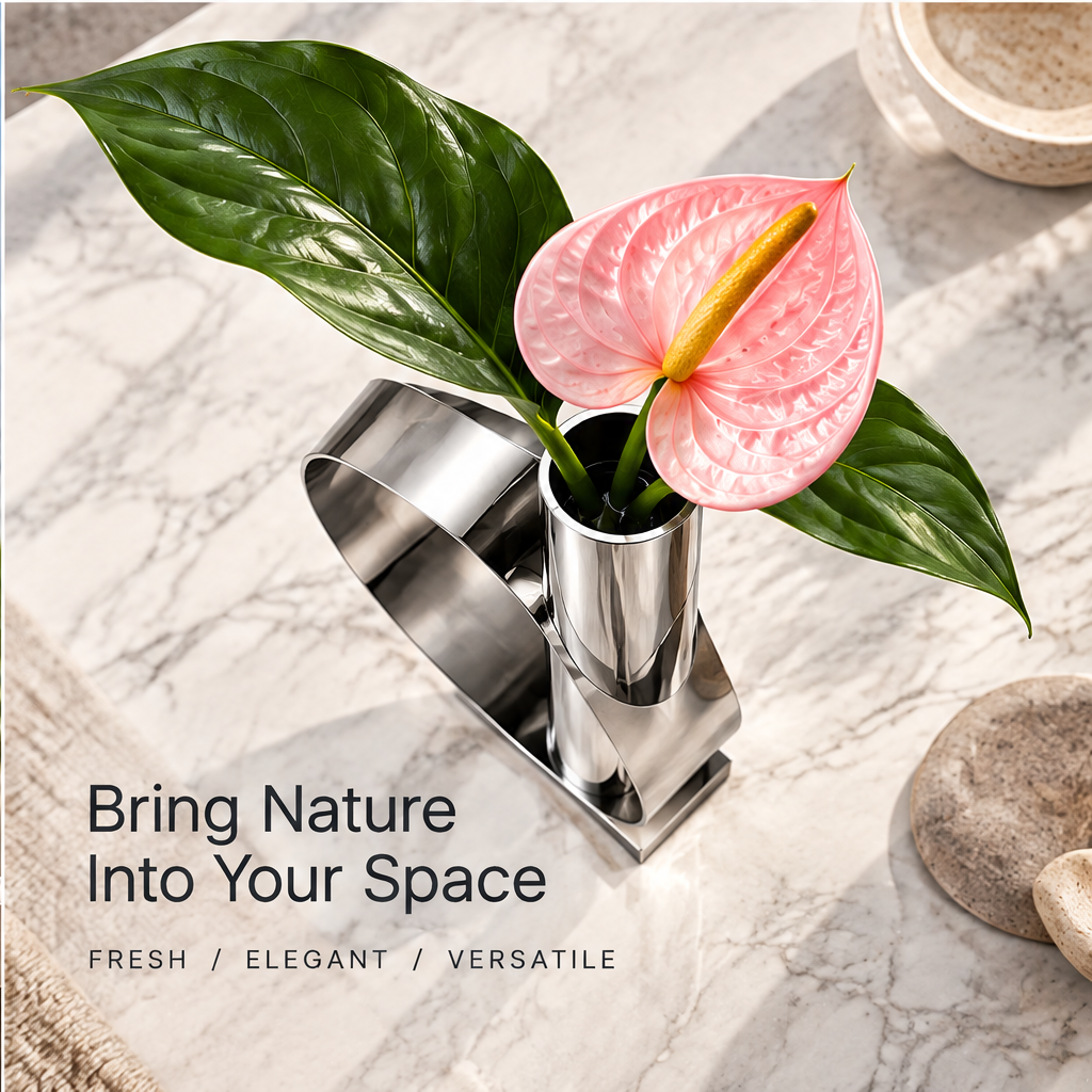 Overhead view of the silver sculptural vase with pink anthurium and green leaves beside botanical styling text