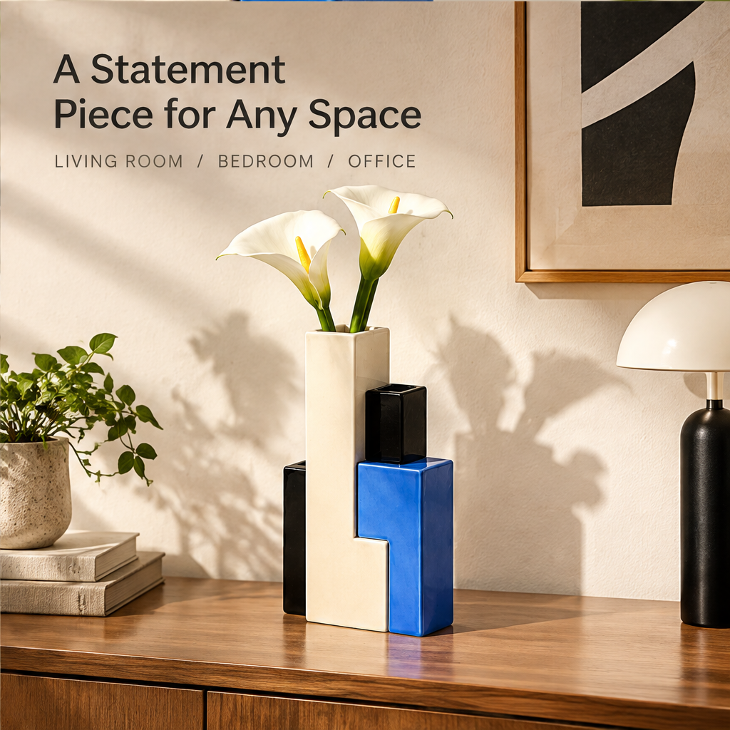 Geometric block vase styled with white flowers on a wooden sideboard beside a lamp and framed artwork