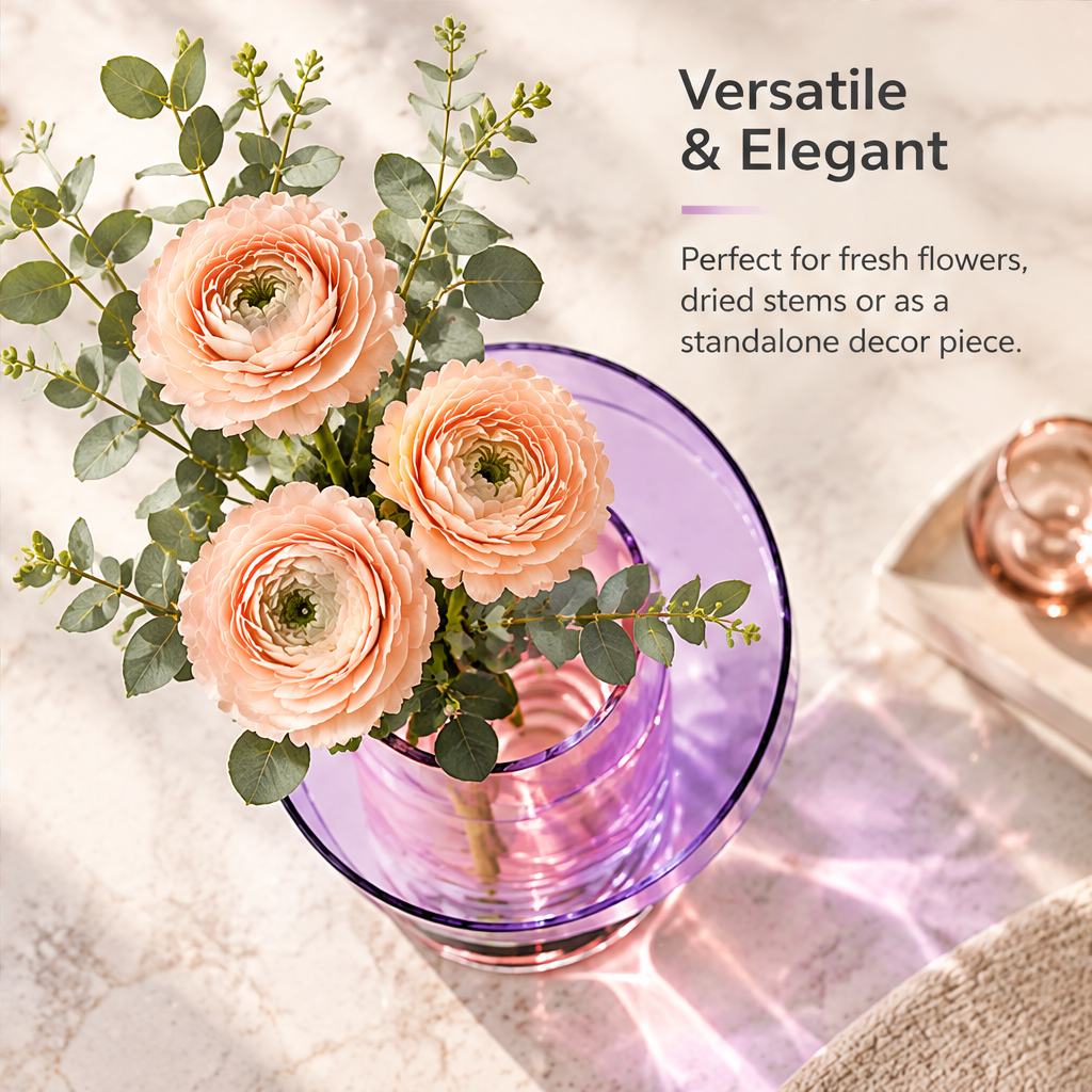Overhead view of peach flowers in the pink and purple ring vase beside Versatile & Elegant styling text