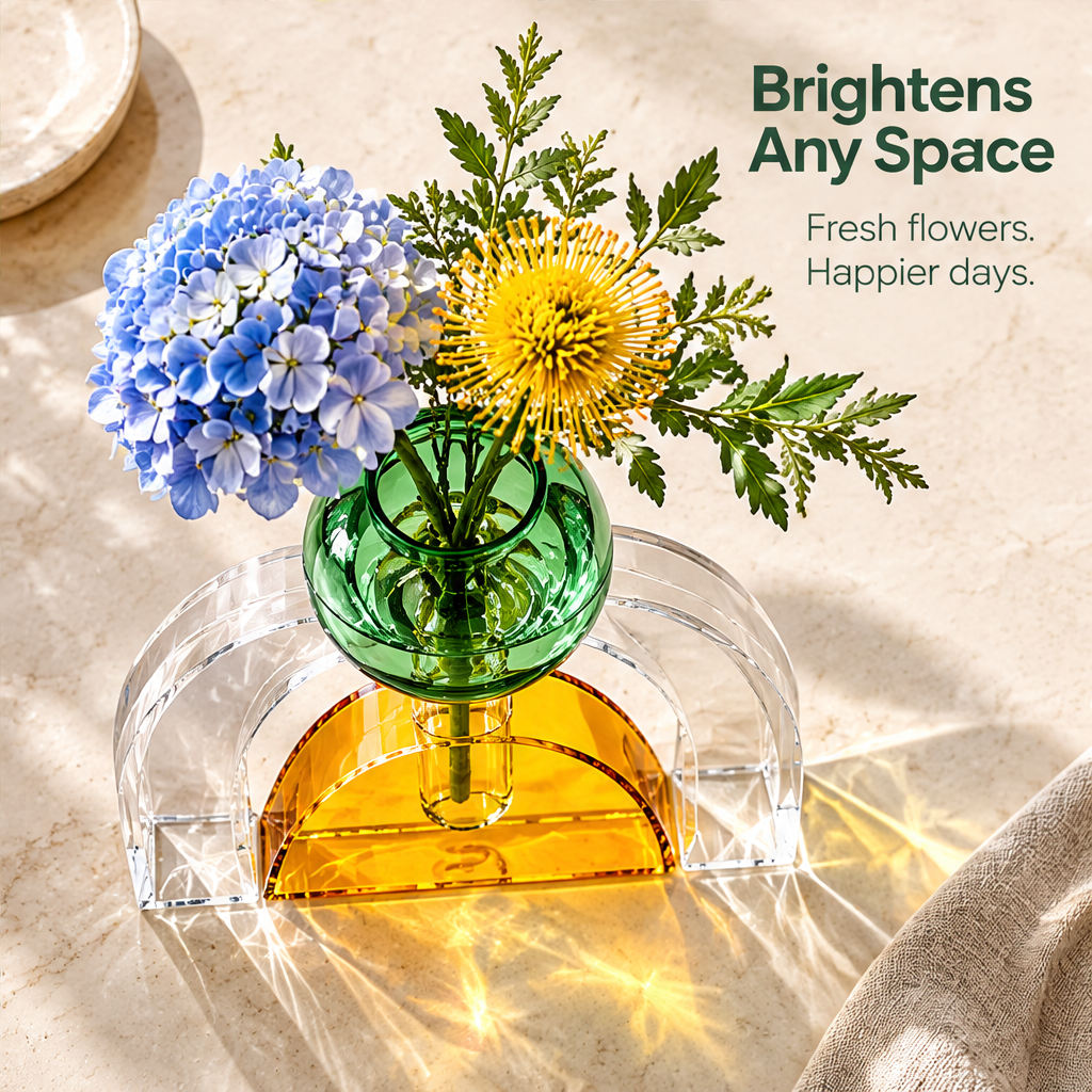 Overhead view of the green vessel, clear arch and amber base with flowers beside Brightens Any Space text