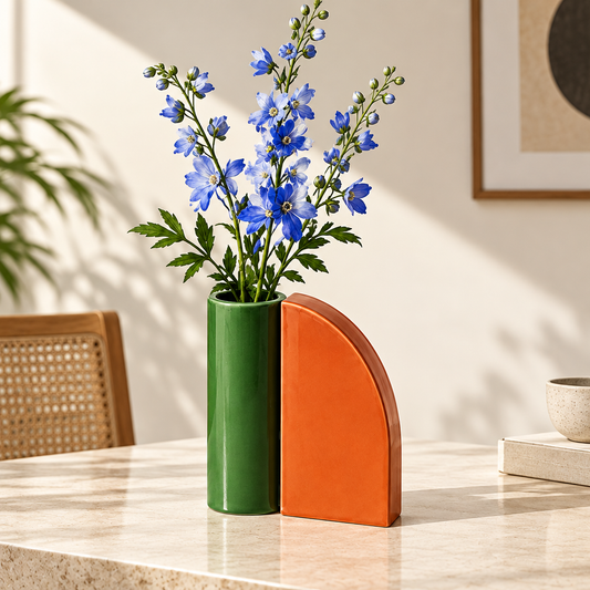 Green-and-orange geometric ceramic vase styled with blue flowers on a sunlit tabletop