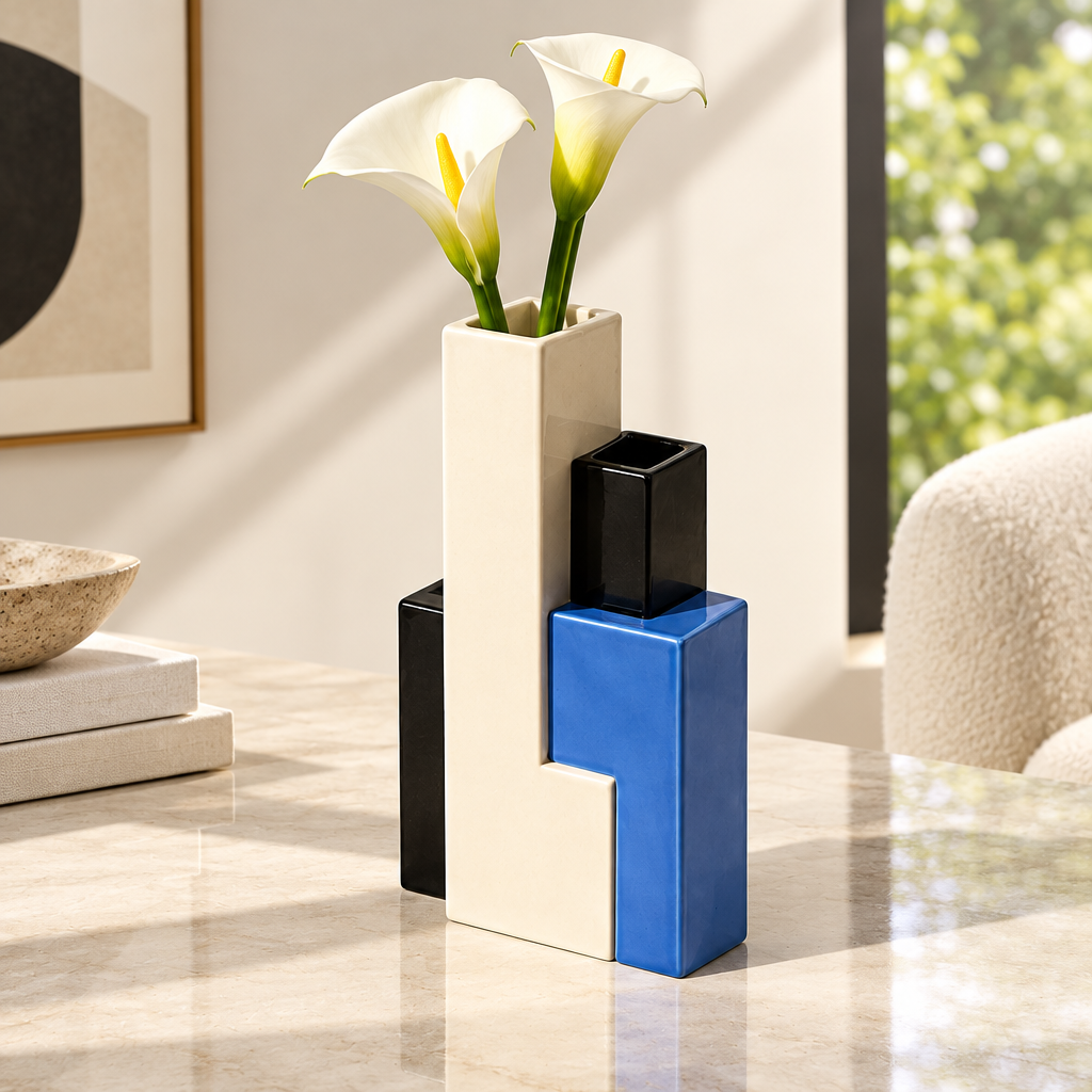Blue, black and cream geometric block vase displayed with two white calla lilies on a sunlit tabletop
