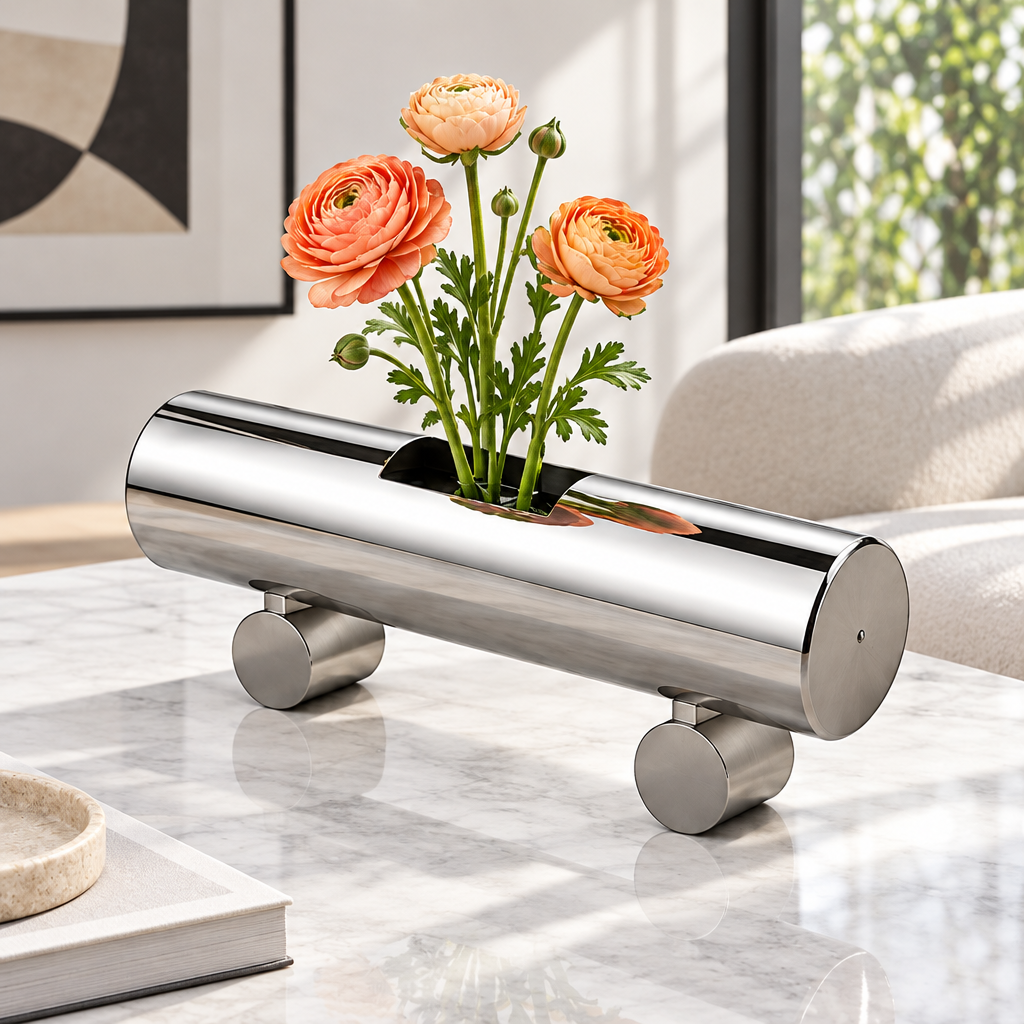 Reflective silver horizontal cylinder vase on two cylindrical supports, styled with orange flowers on a tabletop