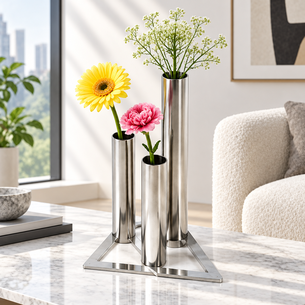 Silver triple-tube vase on an open triangular base, styled with yellow and pink flowers and delicate white blooms