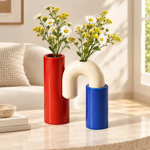 Red, blue and cream geometric arch vase displayed with white daisies and yellow flowers on a sunlit tabletop