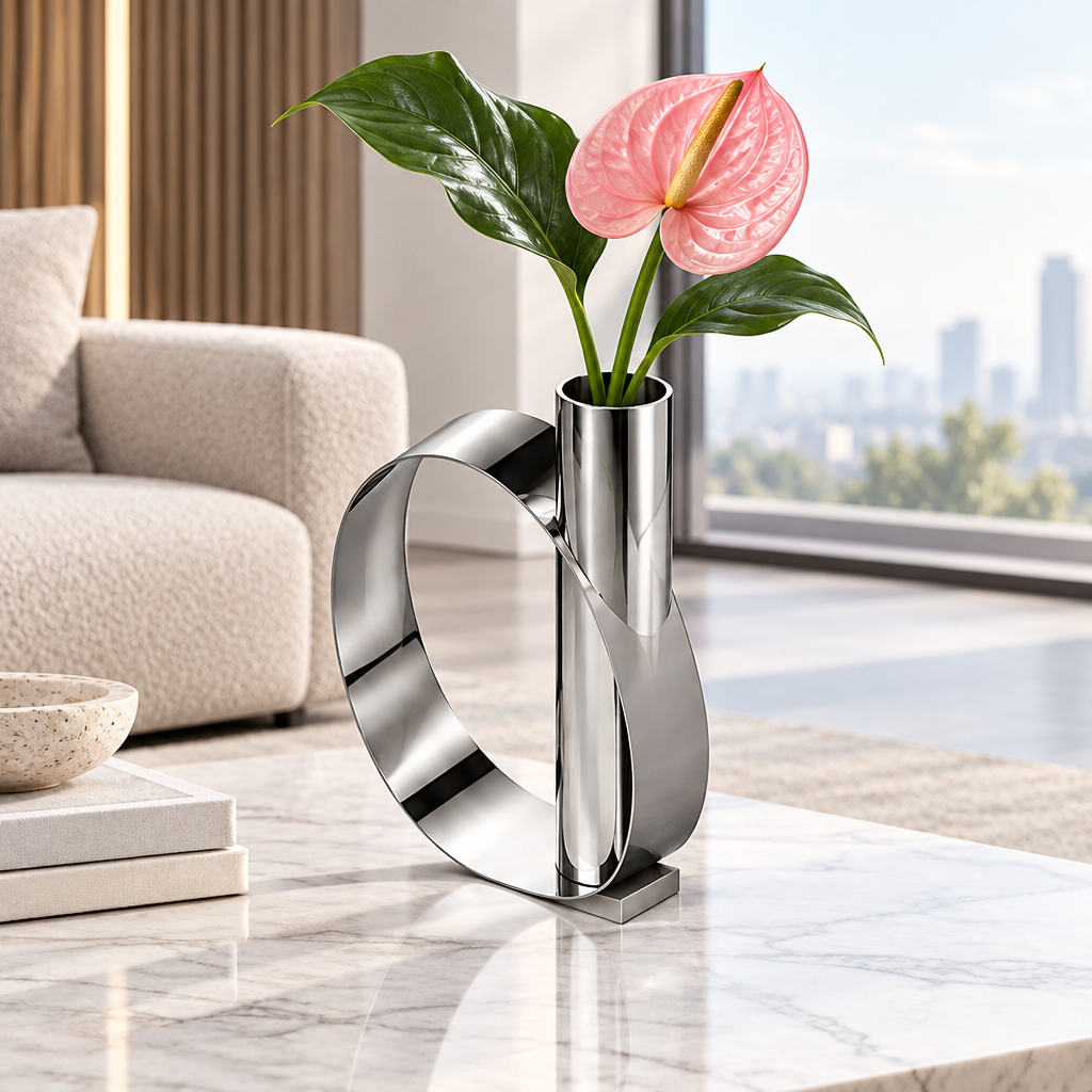 Reflective silver loop vase with a cylindrical vessel, styled with a pink anthurium and green leaves on a tabletop