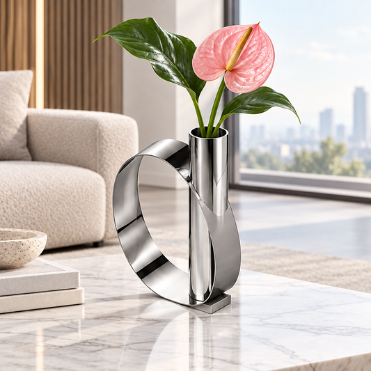 Reflective silver loop vase with a cylindrical vessel, styled with a pink anthurium and green leaves on a tabletop
