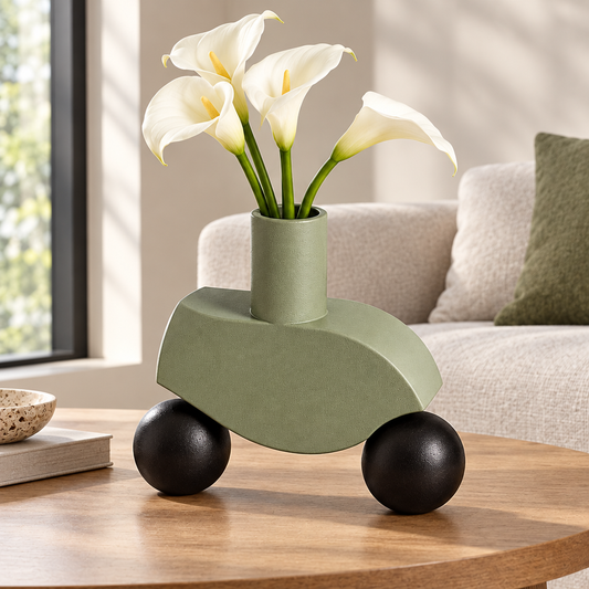 Sage-green sculptural vase with black spherical forms beneath, styled with white calla lilies on a wooden coffee table