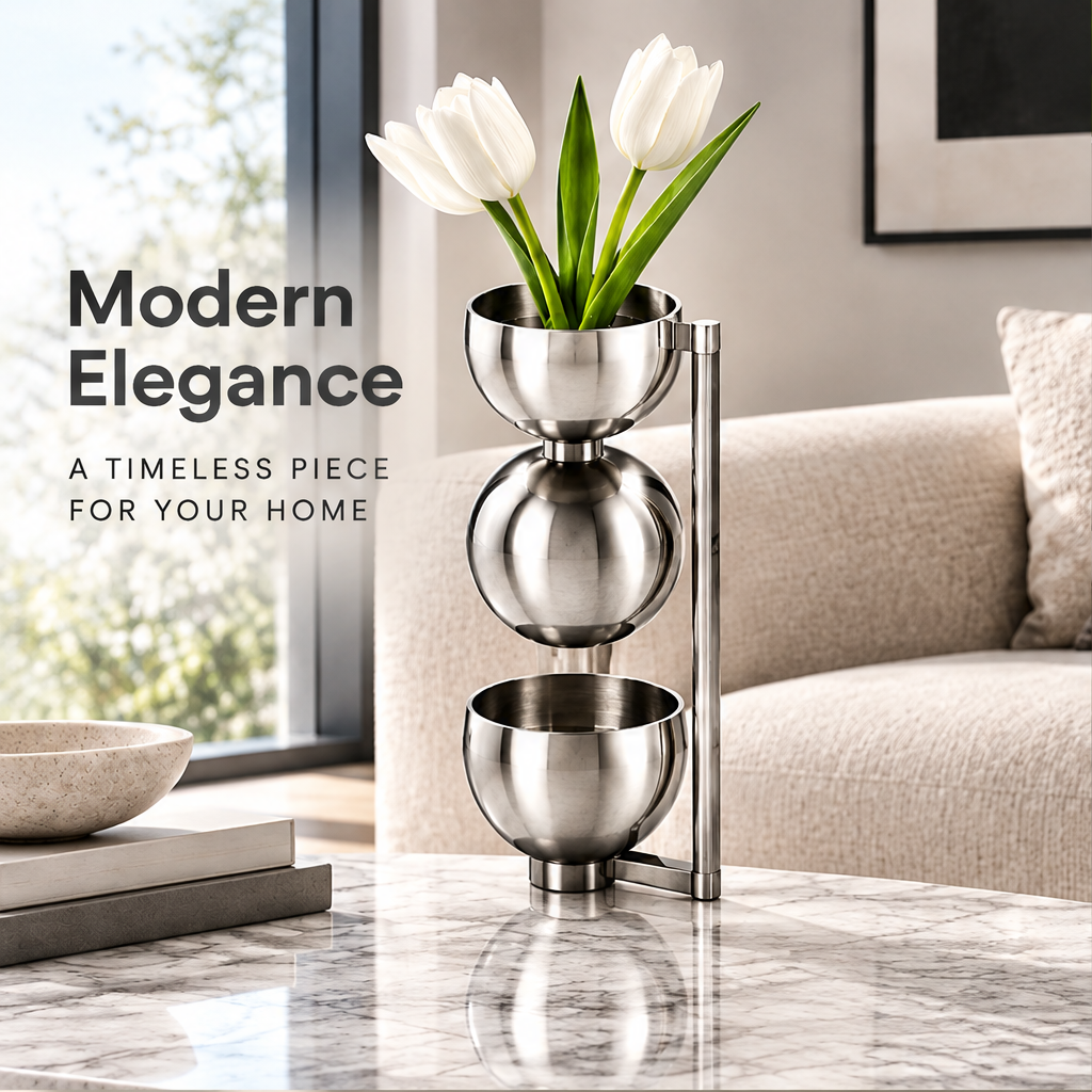 Silver stacked-bowl vase with white tulips beside Modern Elegance text