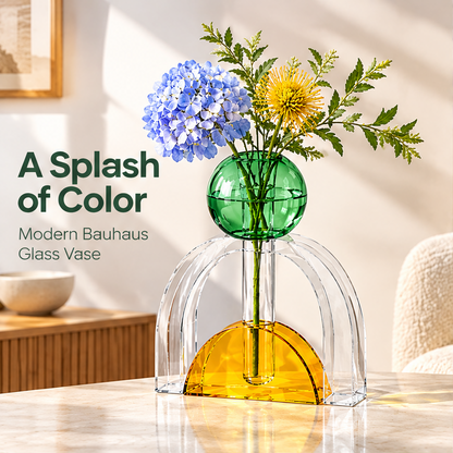 Green and amber arch glass vase with flowers beside A Splash of Color and Modern Bauhaus Glass Vase text