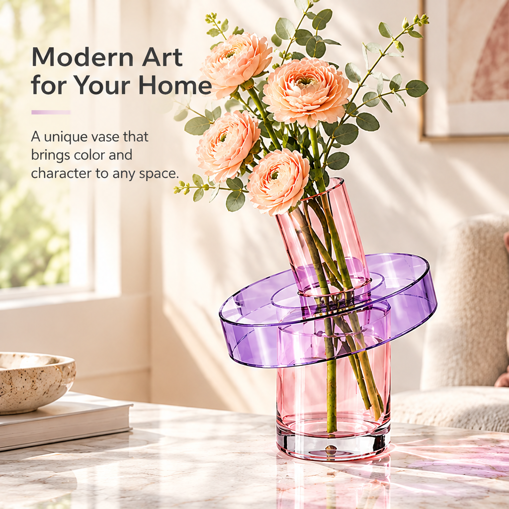 Pink and purple ring glass vase with flowers beside Modern Art for Your Home text