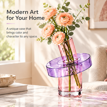 Pink and purple ring glass vase with flowers beside Modern Art for Your Home text