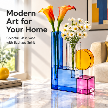 Colorful geometric glass vase with flowers beside Modern Art for Your Home text