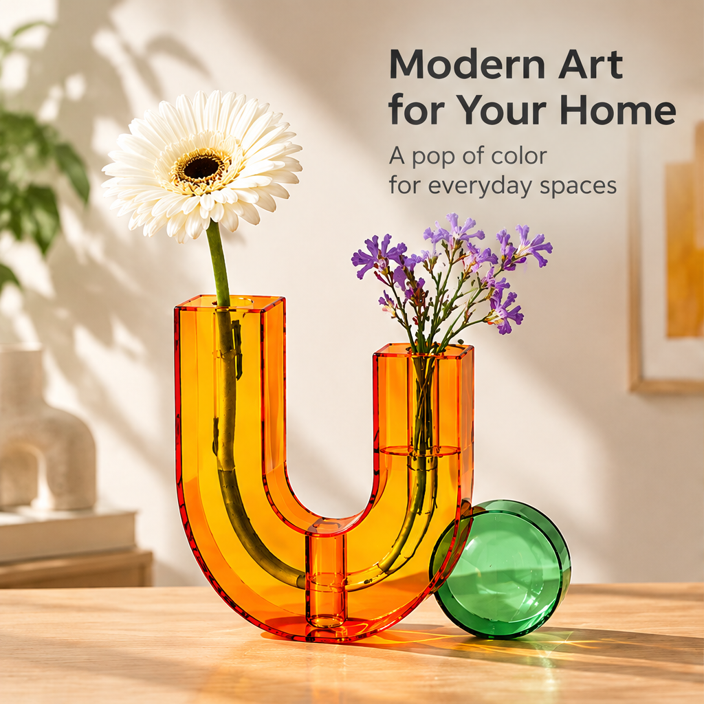 Orange and green U-shaped vase with flowers beside Modern Art for Your Home text