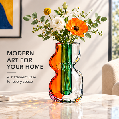 Colorful wavy glass vase with flowers beside Modern Art for Your Home text