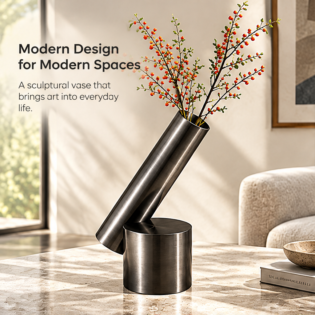 Tilted sculptural metal vase with berry branches beside Modern Design for Modern Spaces text