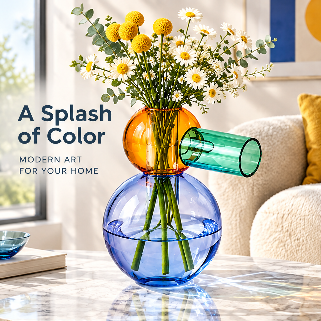 Colorful stacked sphere glass vase with flowers beside A Splash of Color text