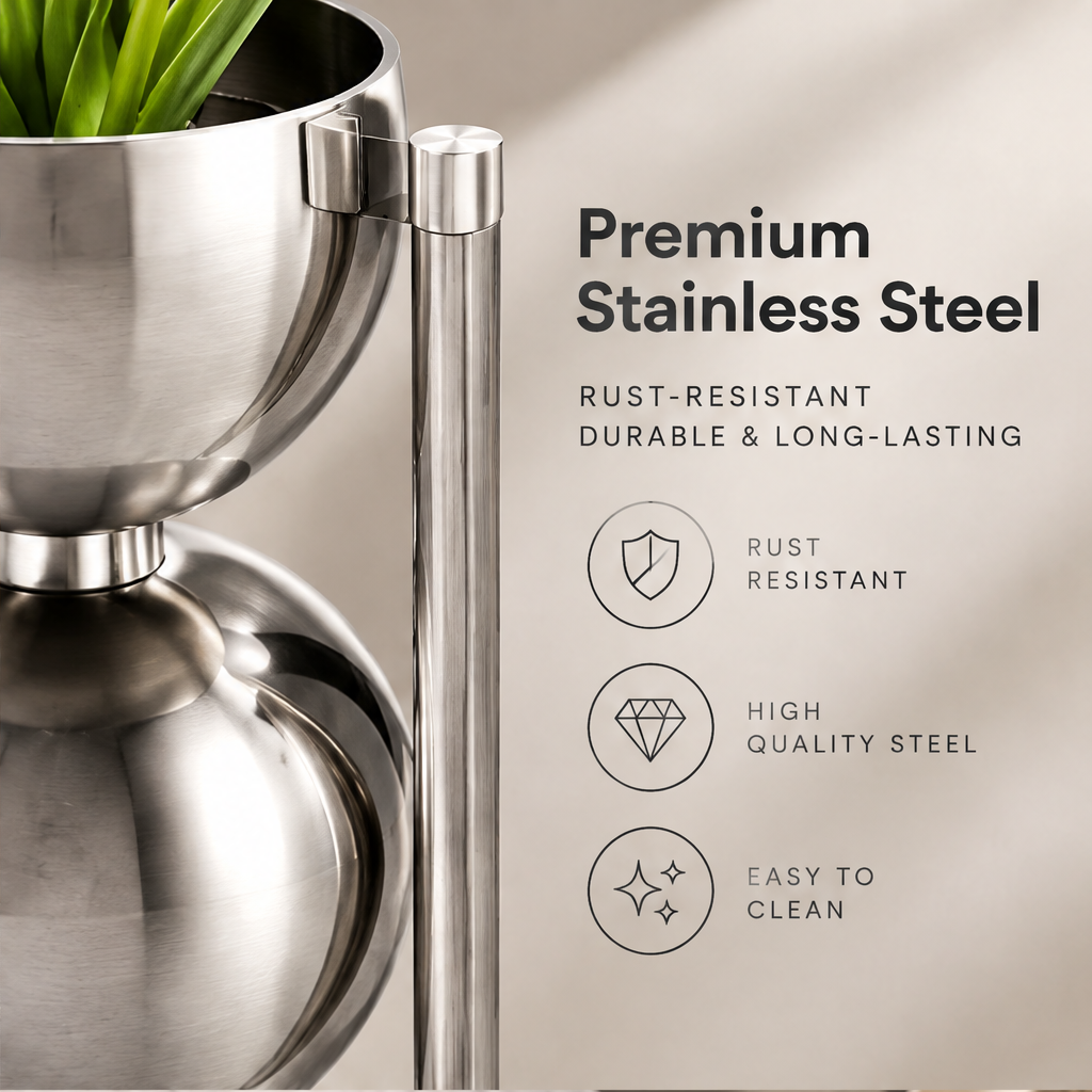 Close-up of the silver bowl and side support beside stainless steel, rust-resistant and easy-to-clean text