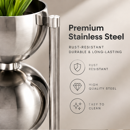 Close-up of the silver bowl and side support beside stainless steel, rust-resistant and easy-to-clean text