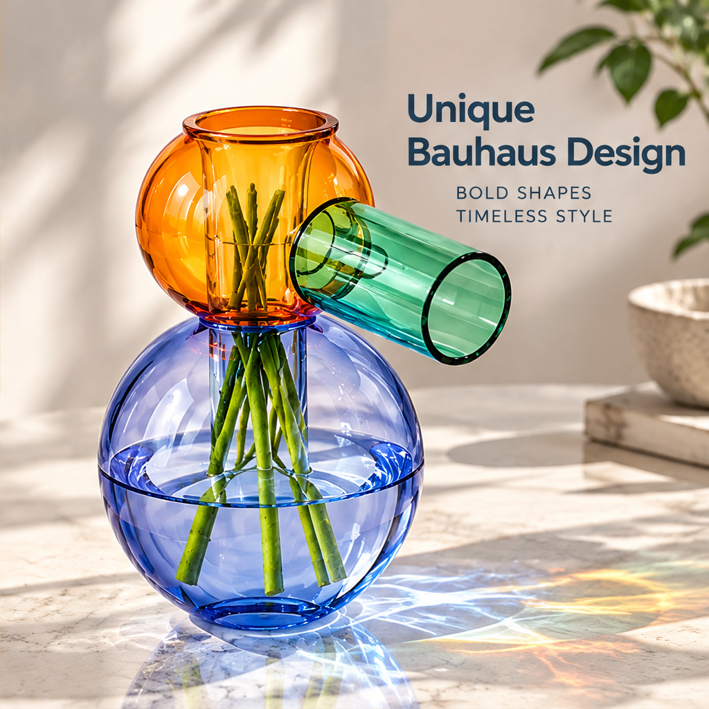 Blue spherical base, orange upper vessel and green side tube beside Unique Bauhaus Design text