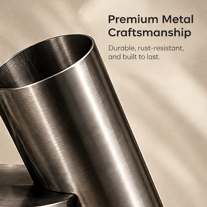 Close-up of the brushed metal vessel and opening beside durable and rust-resistant craftsmanship text