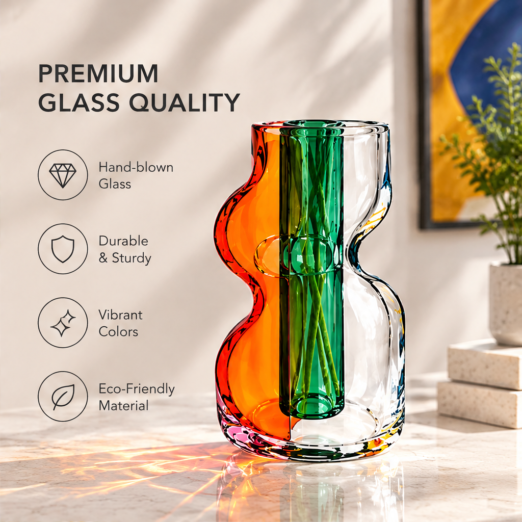 Wavy glass vase showing its green central tube beside hand-blown glass and durable construction text