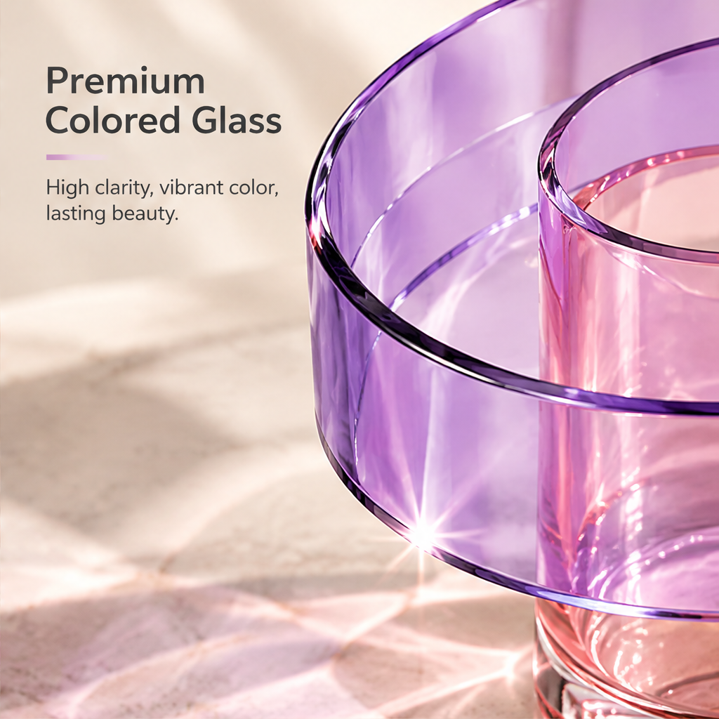 Close-up of the transparent purple ring and pink vessel beside Premium Colored Glass text