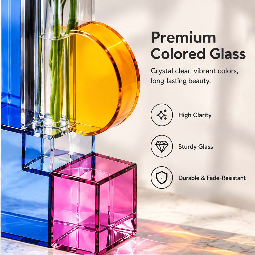 Close-up of the yellow disc, clear column and pink cube beside colored glass clarity and durability text
