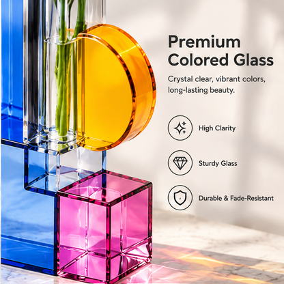Close-up of the yellow disc, clear column and pink cube beside colored glass clarity and durability text