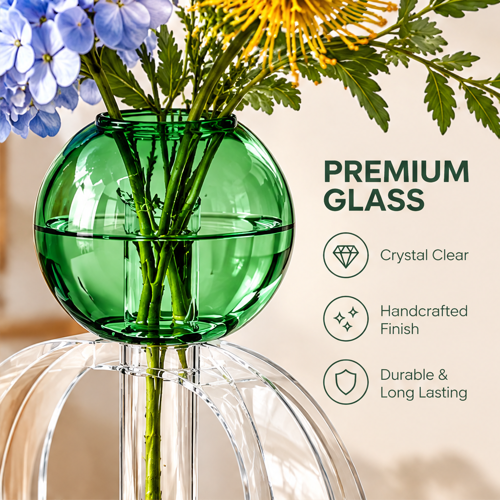 Close-up of the transparent green spherical vessel beside premium glass and handcrafted finish text