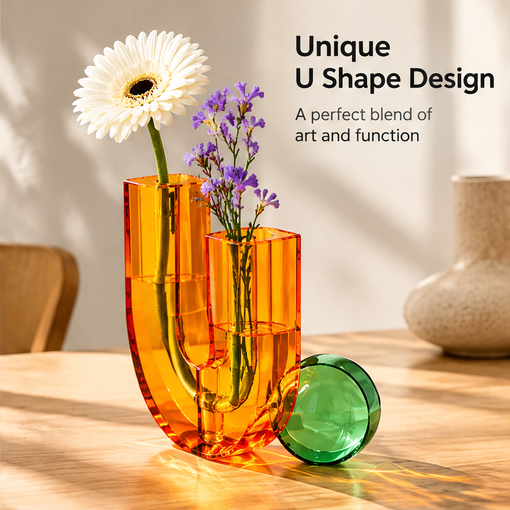 Angled view of the orange glass vase and green disc beside Unique U Shape Design text