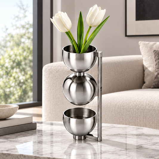Silver sculptural vase with stacked bowl-shaped forms and a straight side support, styled with white tulips