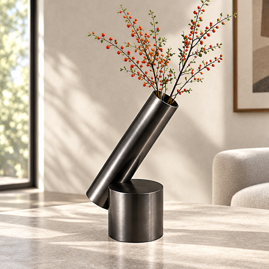 Gunmetal-tone tilted cylindrical vase on a round base, styled with red berry branches on a sunlit tabletop