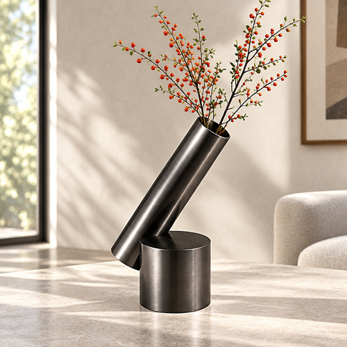 Gunmetal-tone tilted cylindrical vase on a round base, styled with red berry branches on a sunlit tabletop