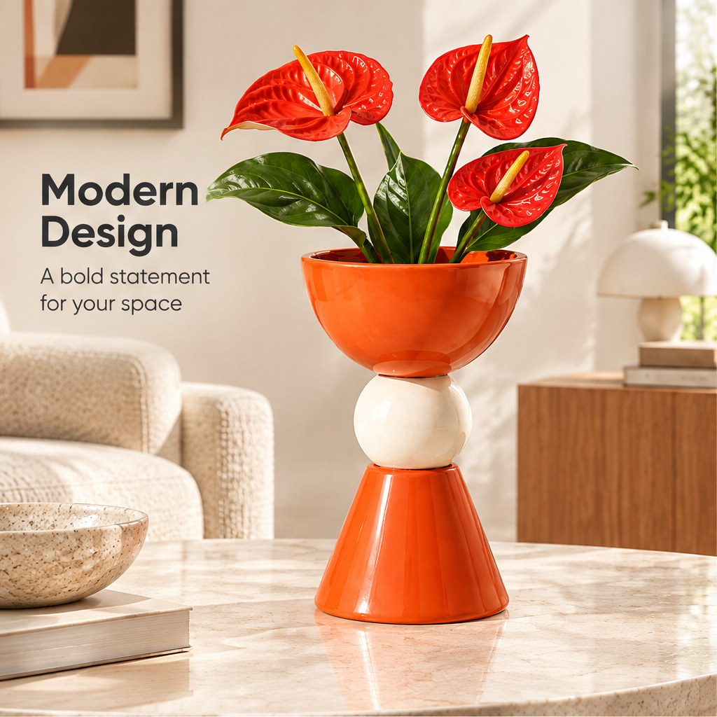 橙白几何造型花盆的正面场景图，旁有 Modern Design 文字