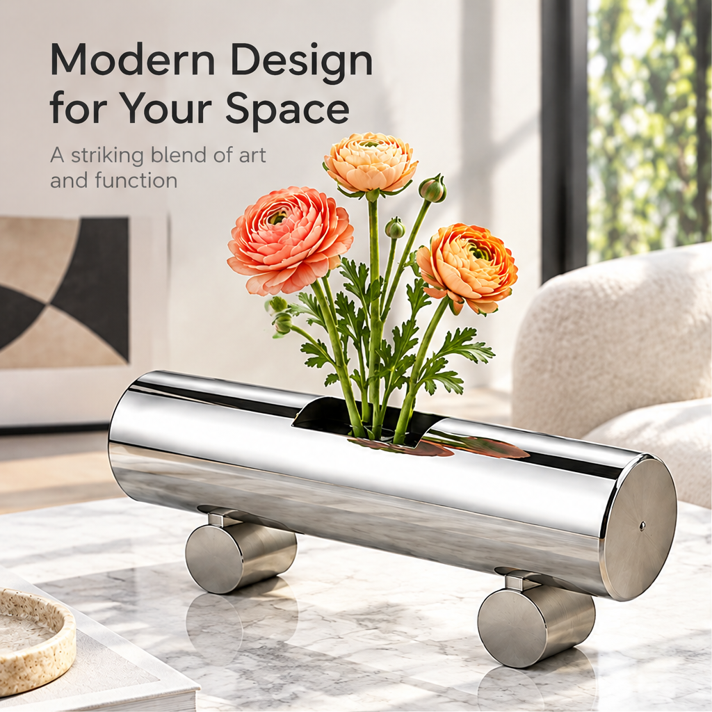 Silver horizontal cylinder vase with orange flowers beside Modern Design for Your Space text