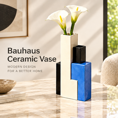 Bauhaus ceramic vase with stepped rectangular forms and white flowers beside modern design text