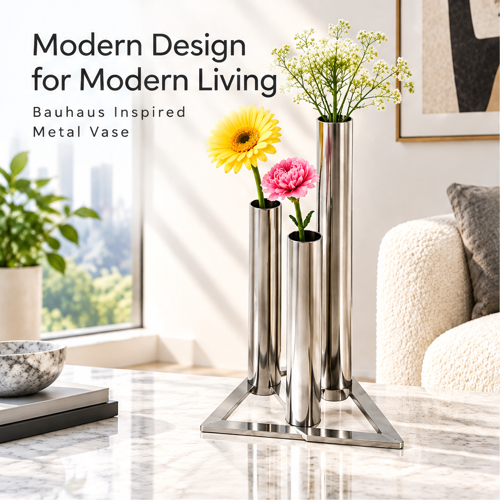 Staggered silver tubes with flowers beside Modern Design for Modern Living and Bauhaus Inspired Metal Vase text