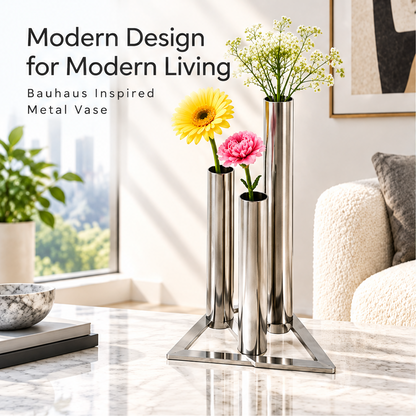 Staggered silver tubes with flowers beside Modern Design for Modern Living and Bauhaus Inspired Metal Vase text