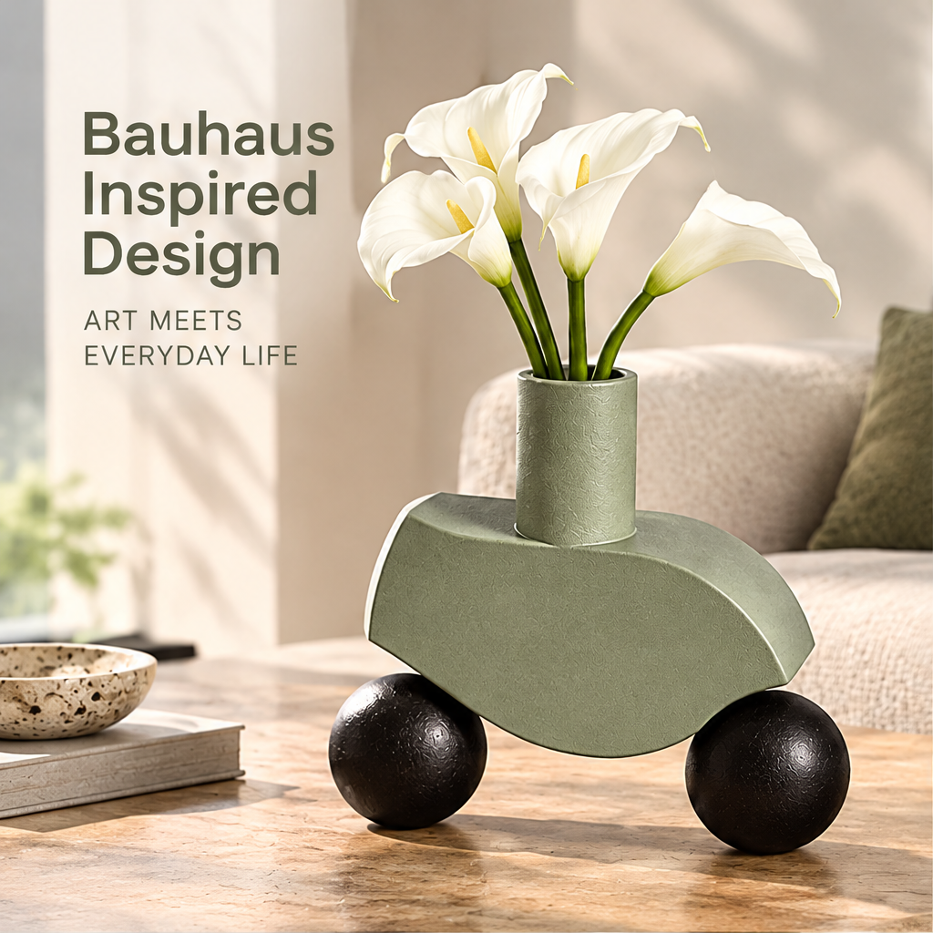 Sage-green and black ceramic vase with white flowers beside Bauhaus Inspired Design text