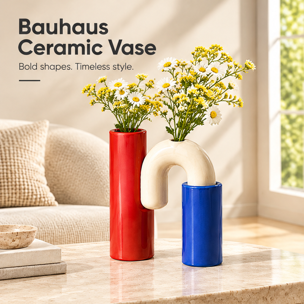Bauhaus ceramic vase with red and blue cylindrical forms and a cream arch, styled with flowers beside product text