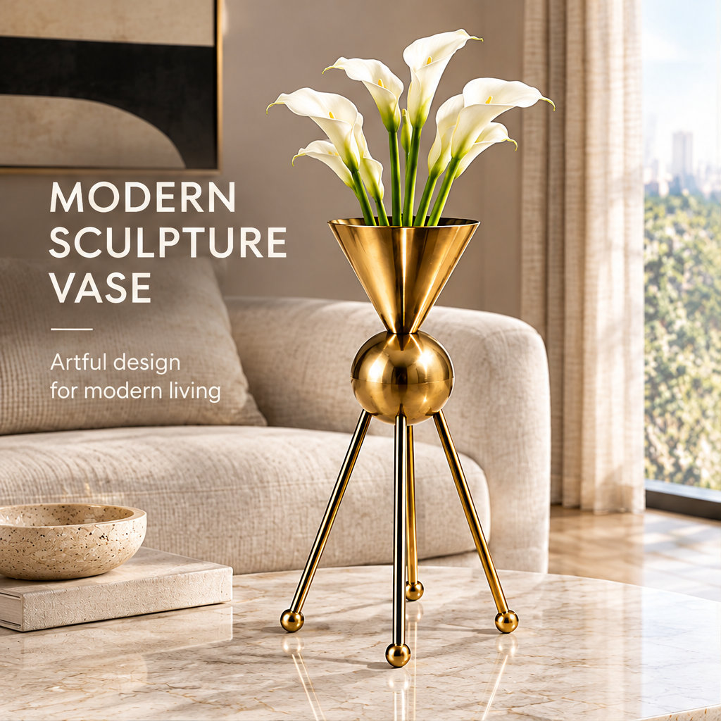 Gold-tone geometric vase with white flowers beside Modern Sculpture Vase text