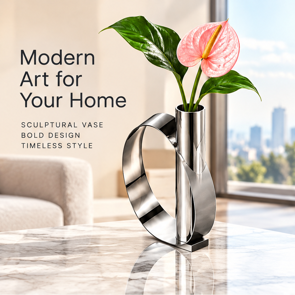 Silver sculptural loop vase styled with pink anthurium beside Modern Art for Your Home text