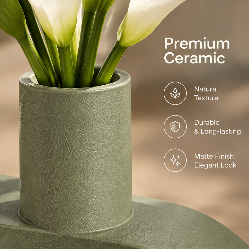 Close-up of the textured sage-green ceramic neck beside ceramic material and matte finish text