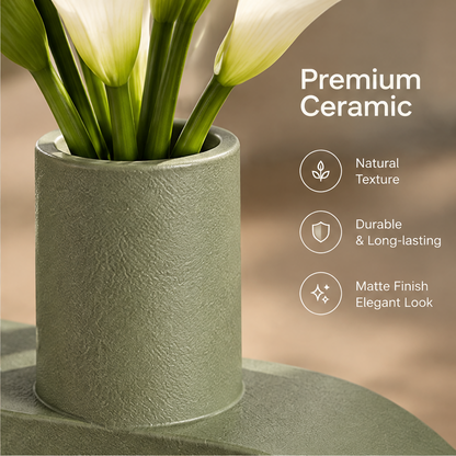 Close-up of the textured sage-green ceramic neck beside ceramic material and matte finish text