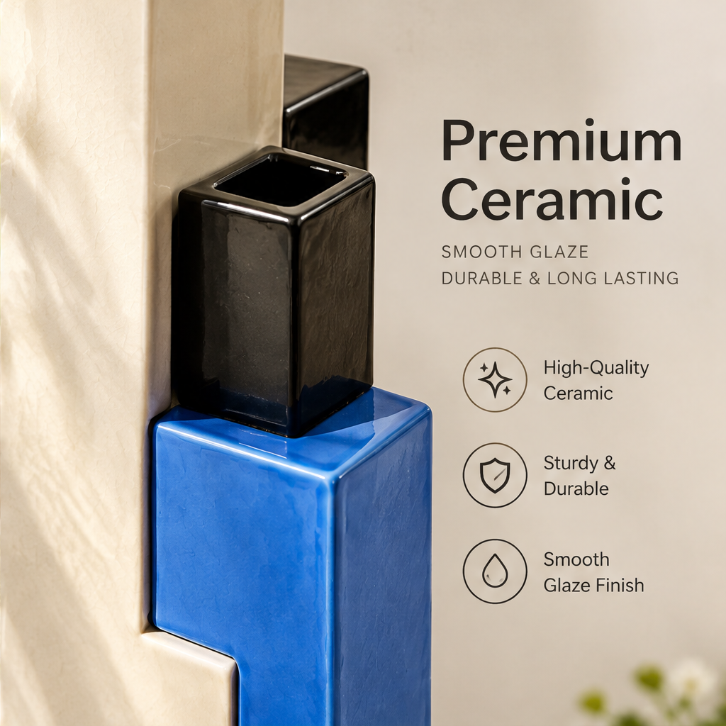 Close-up of the black square opening and blue ceramic block, beside ceramic material and smooth glaze text