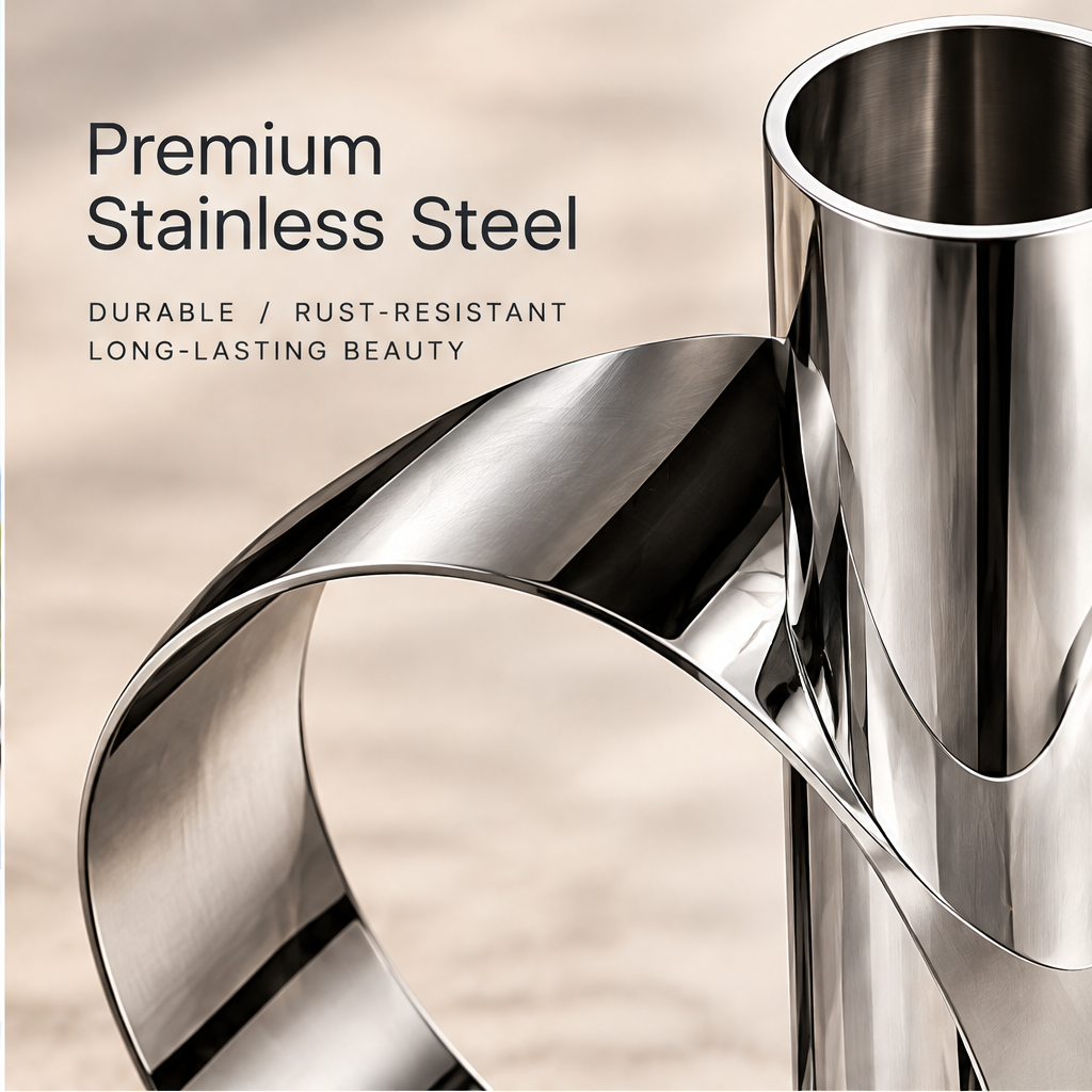 Close-up of the reflective loop and cylindrical opening beside stainless steel and rust-resistant material text