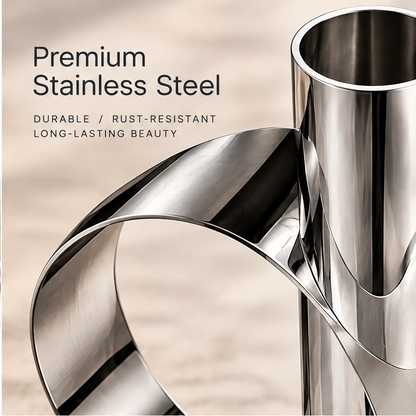 Close-up of the reflective loop and cylindrical opening beside stainless steel and rust-resistant material text