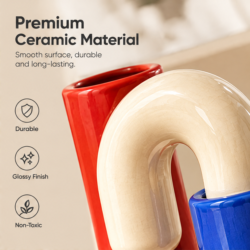 Close-up of the glossy cream arch and red and blue ceramic surfaces, beside material and finish text