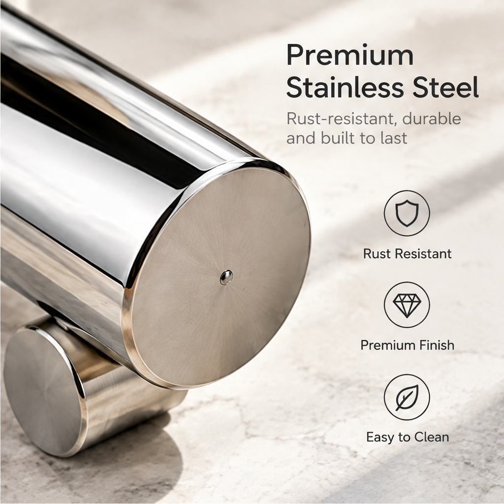 Close-up of the silver cylinder end and support beside stainless steel, rust-resistant and easy-to-clean text
